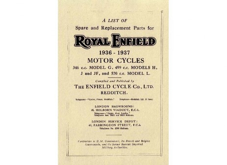 1936 to 1937 Royal Enfield G, J, Jf, L, H spare parts book